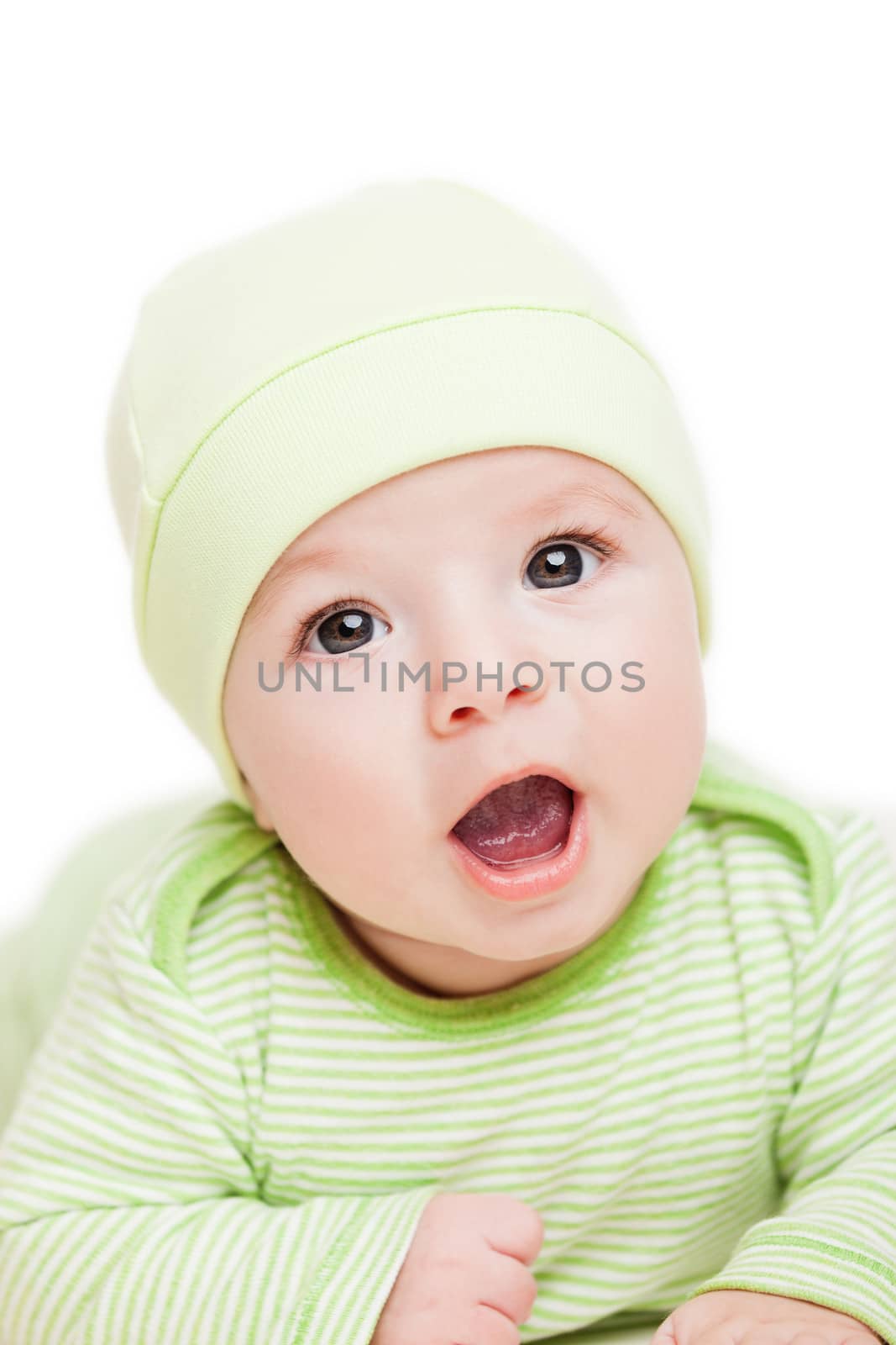 Little cute newborn baby child smiling white isolated