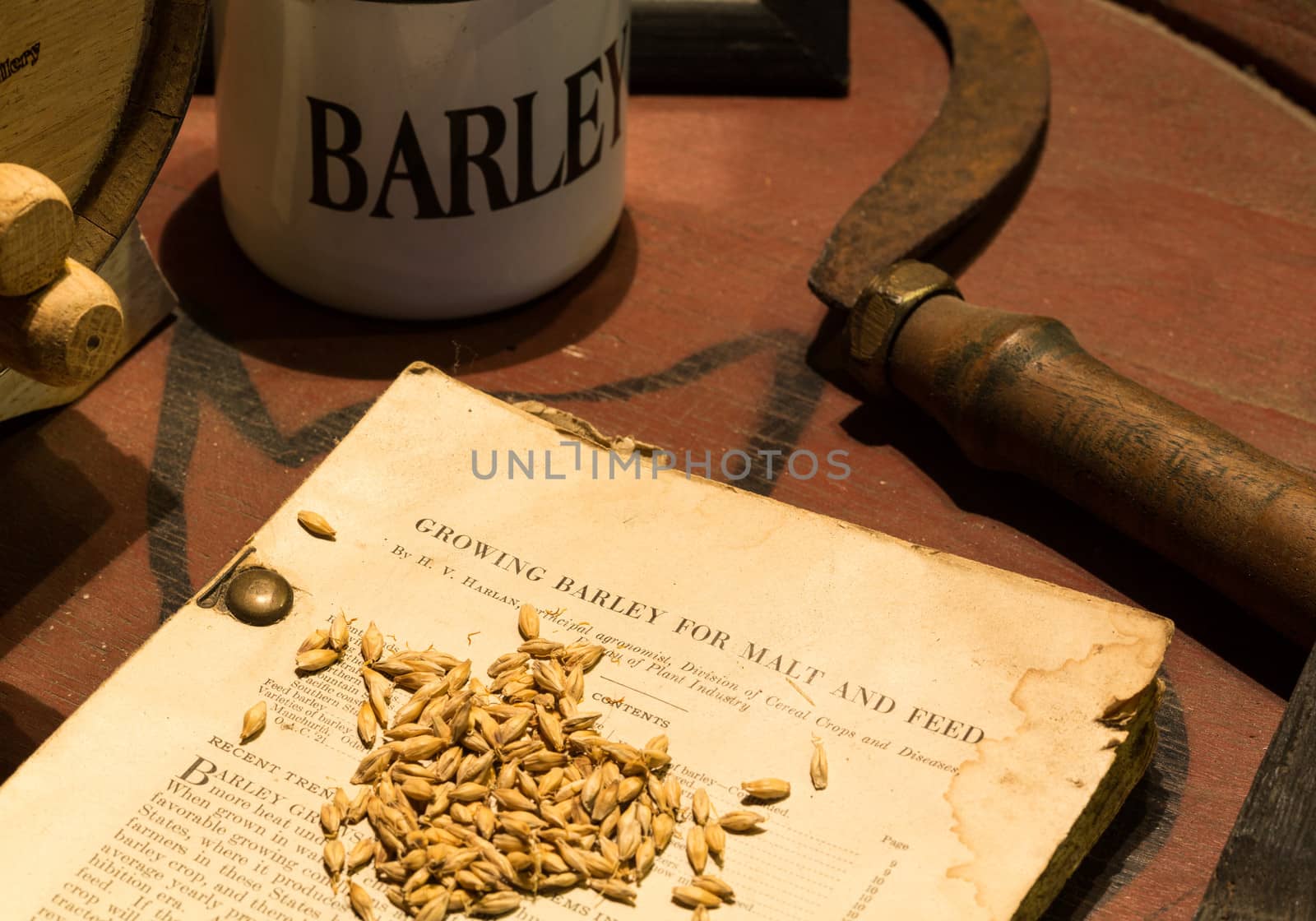 Antique book and tools for growing barley with scythe and jar for seeds. Illustration for brewery or distillery which use barley. Book from US Agriculture Dept. 1934