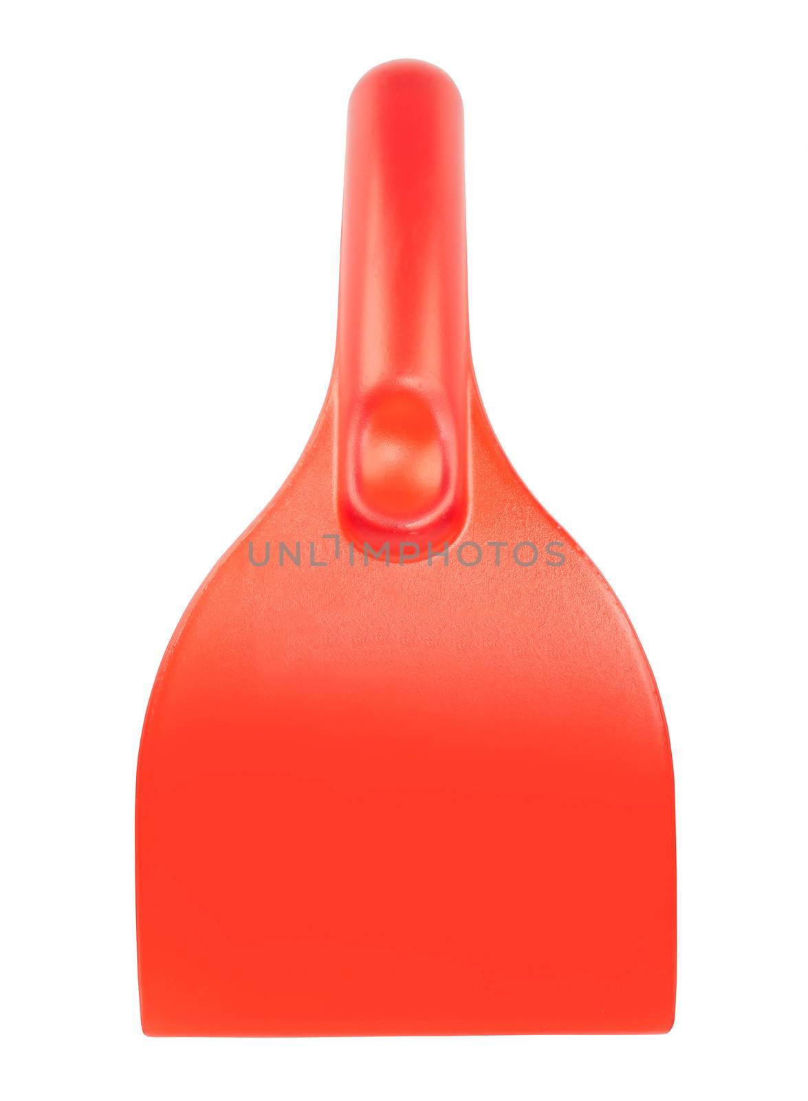 red plastic ice scraper in vertical position isolated on white background