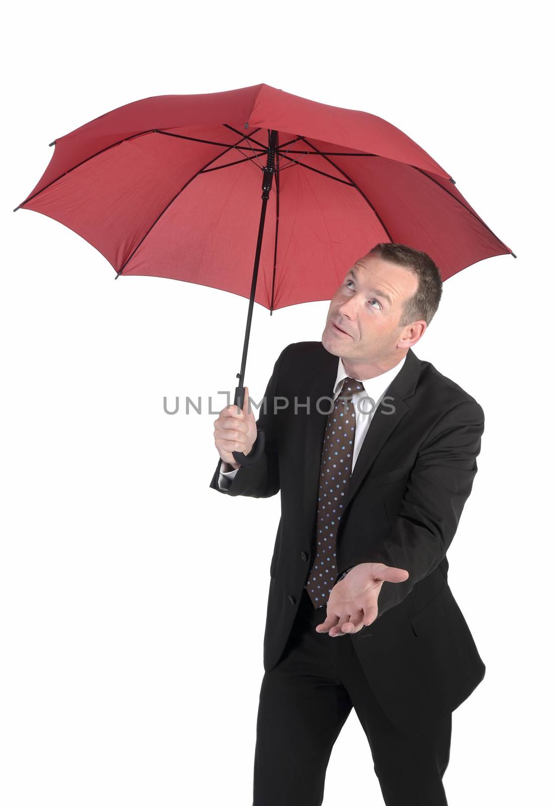 friendly businessman with red umbrella 