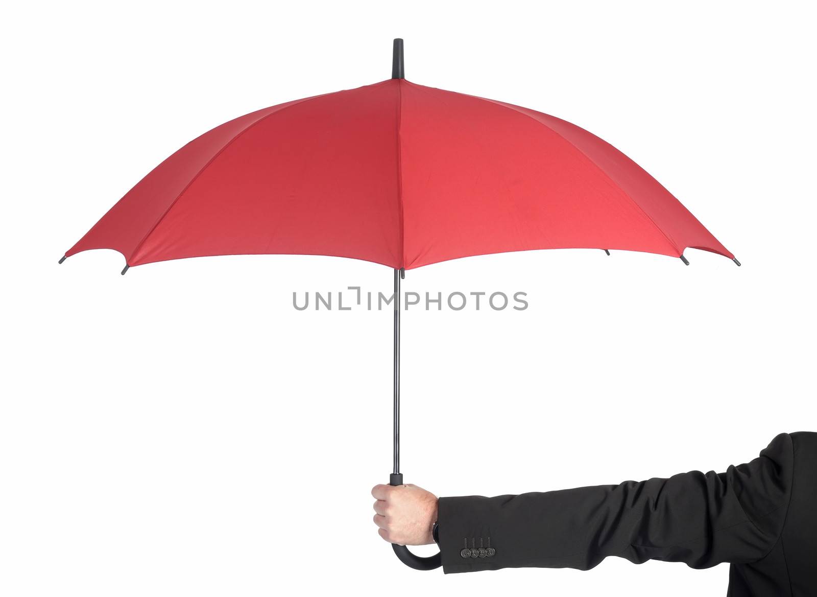man holding red umbrella, rear view