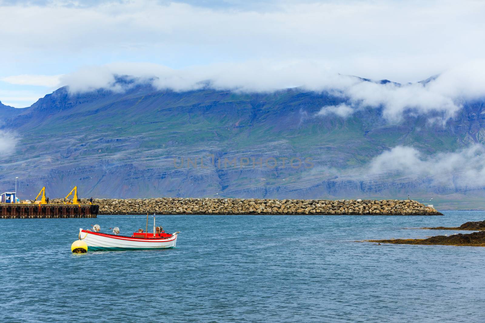 Fishing boat. Beautiful view of East fjords Iceland