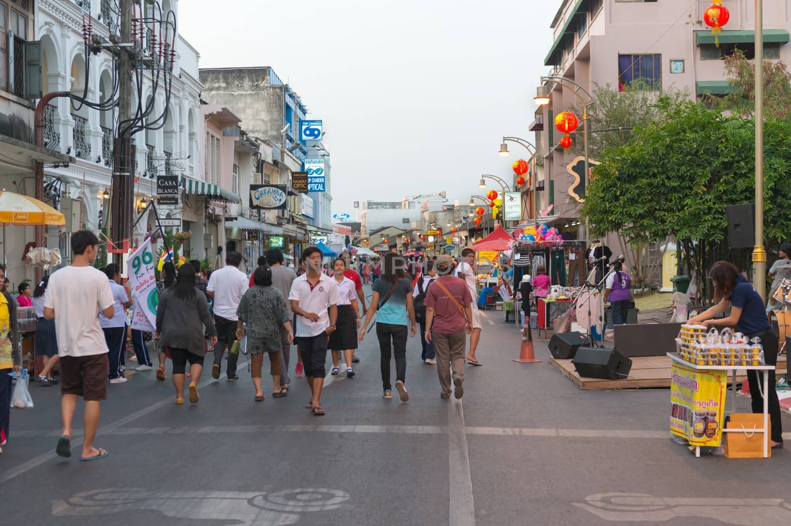 PHUKET, THAILAND - 07 FEB 2014: Unidentified people walk on central pedestrian street during annual old Phuket town festival. 