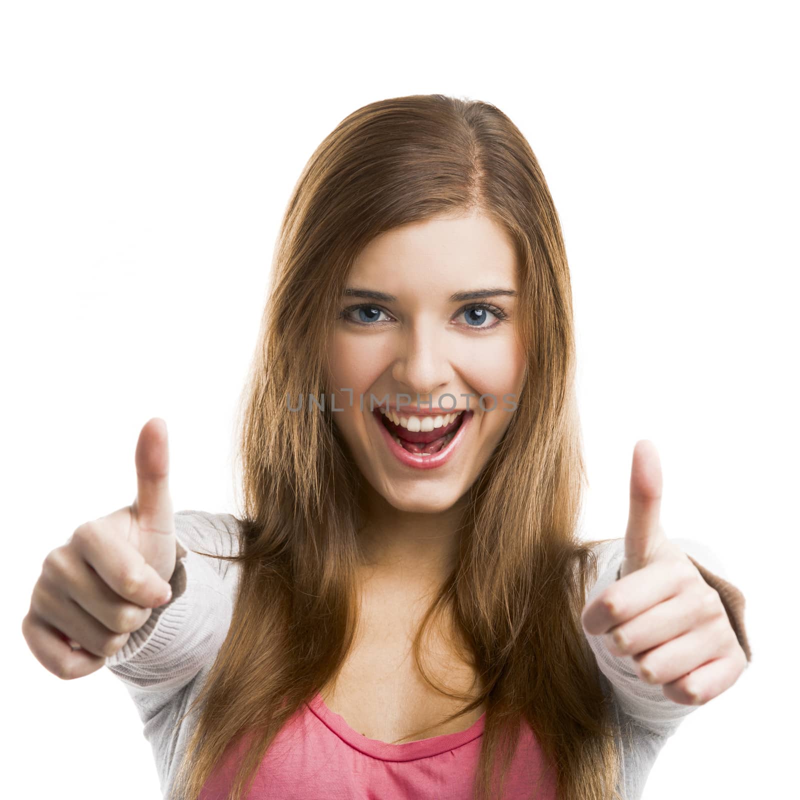 Beautiful blonde woman with thumbs up isolated over a white background