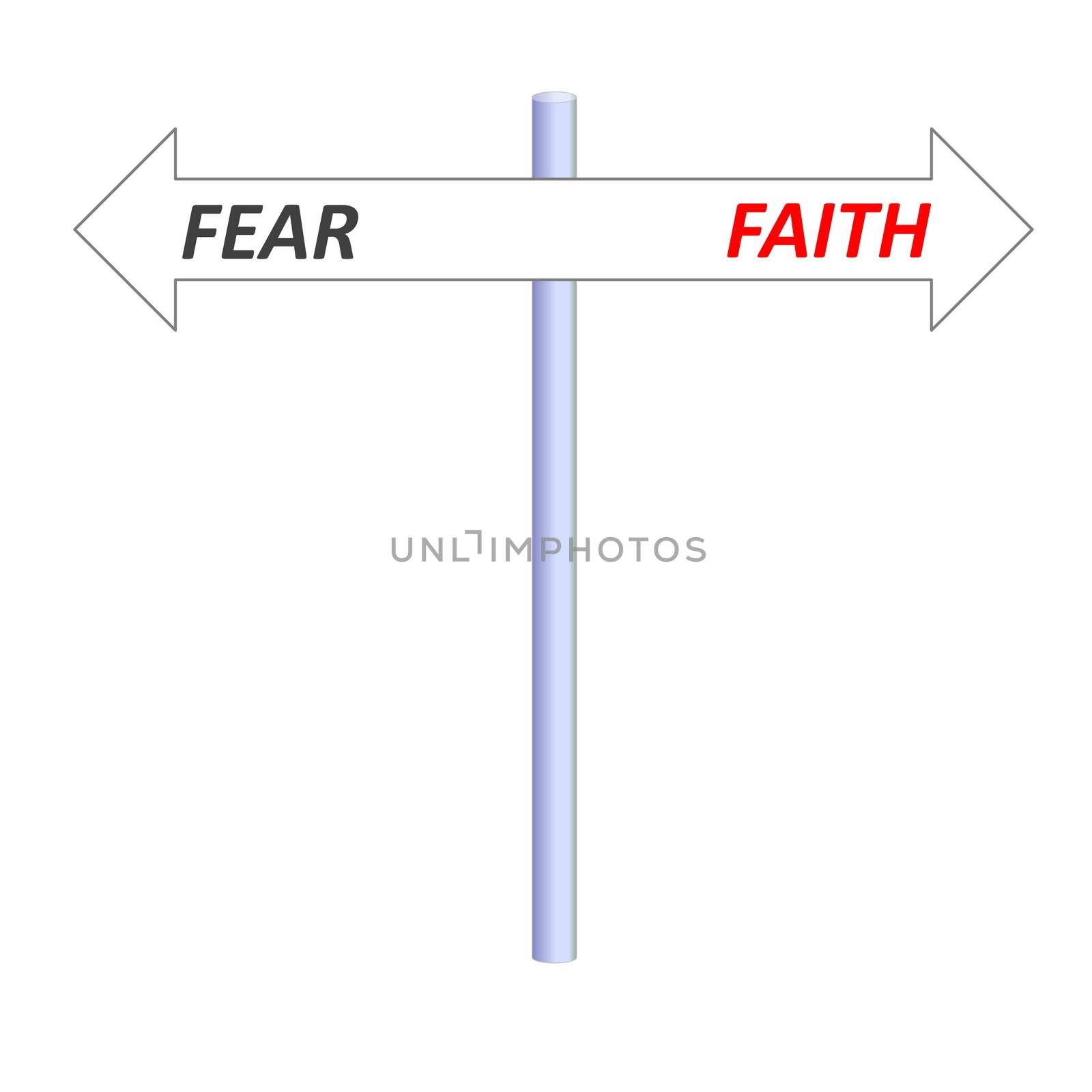 Two opposite arrows leading to faith or fear on a post in white background