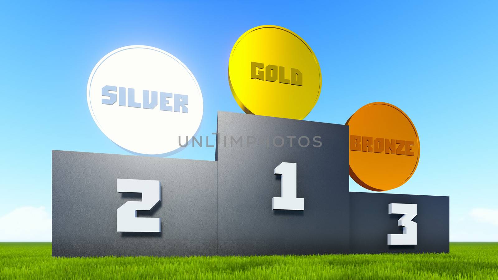 Victory rostrum on the green grass with a golden, silver and bronze medals on top.