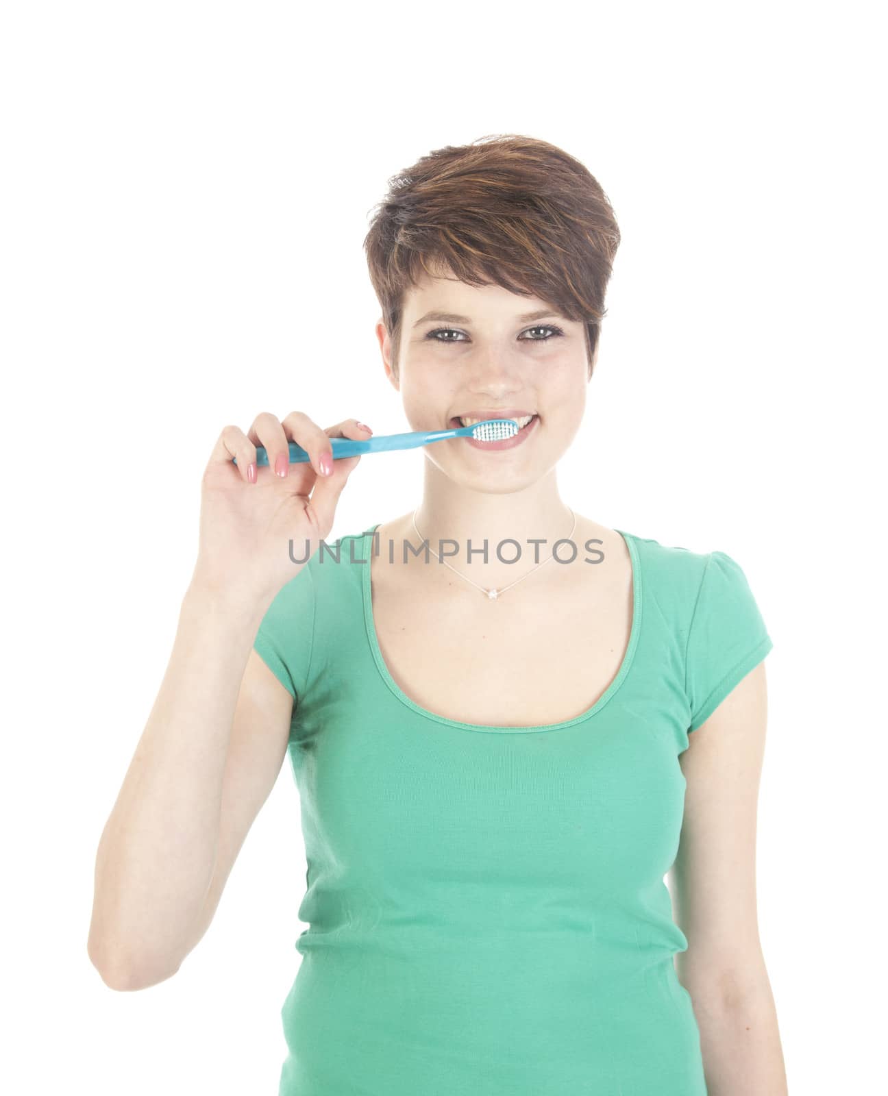 Young woman with toothbrush isolated on white background