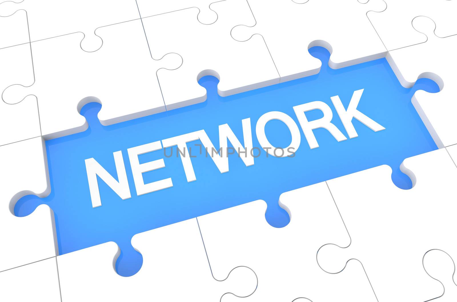 Network - puzzle 3d render illustration with word on blue background