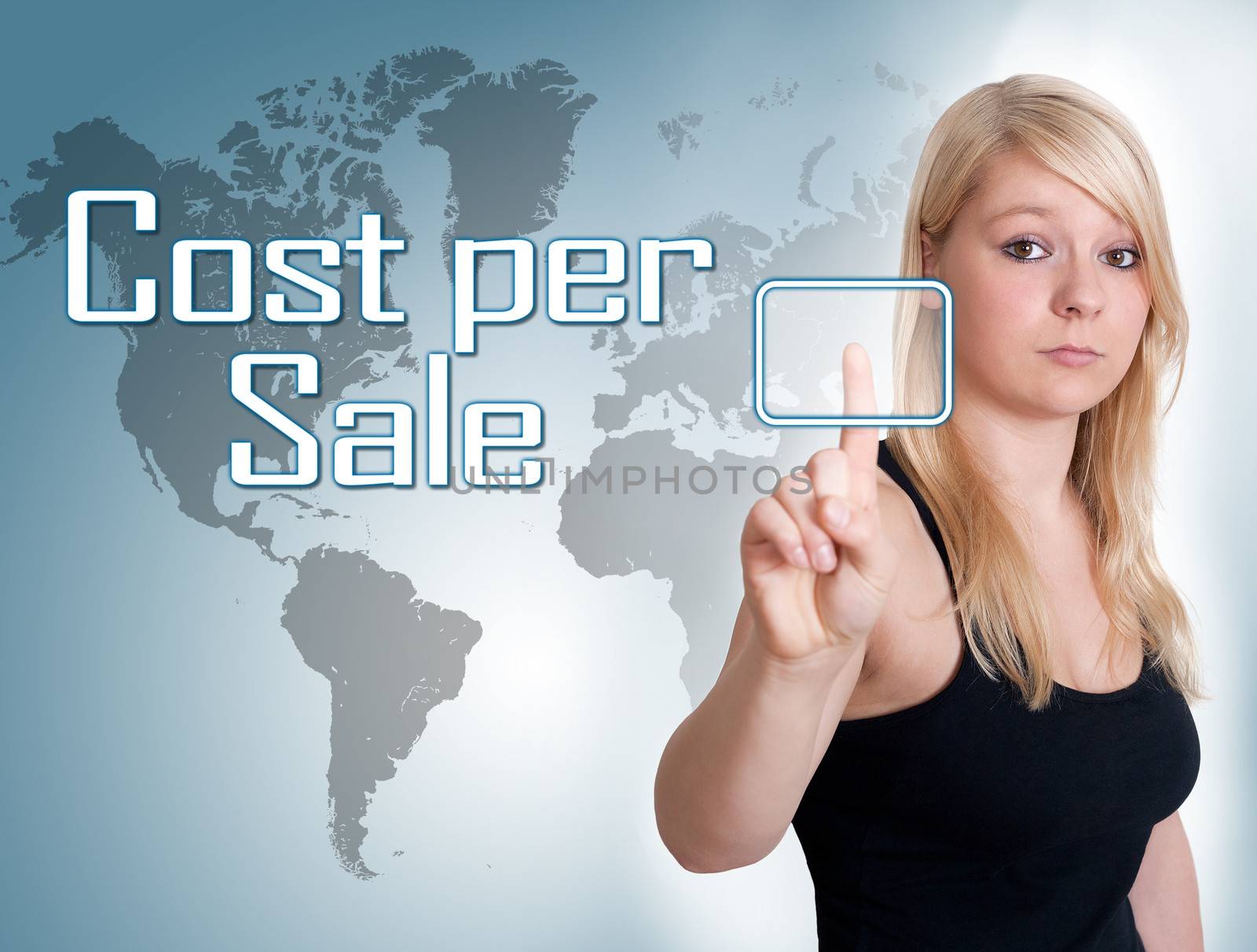 Young woman press digital Cost per Sale button on interface in front of her