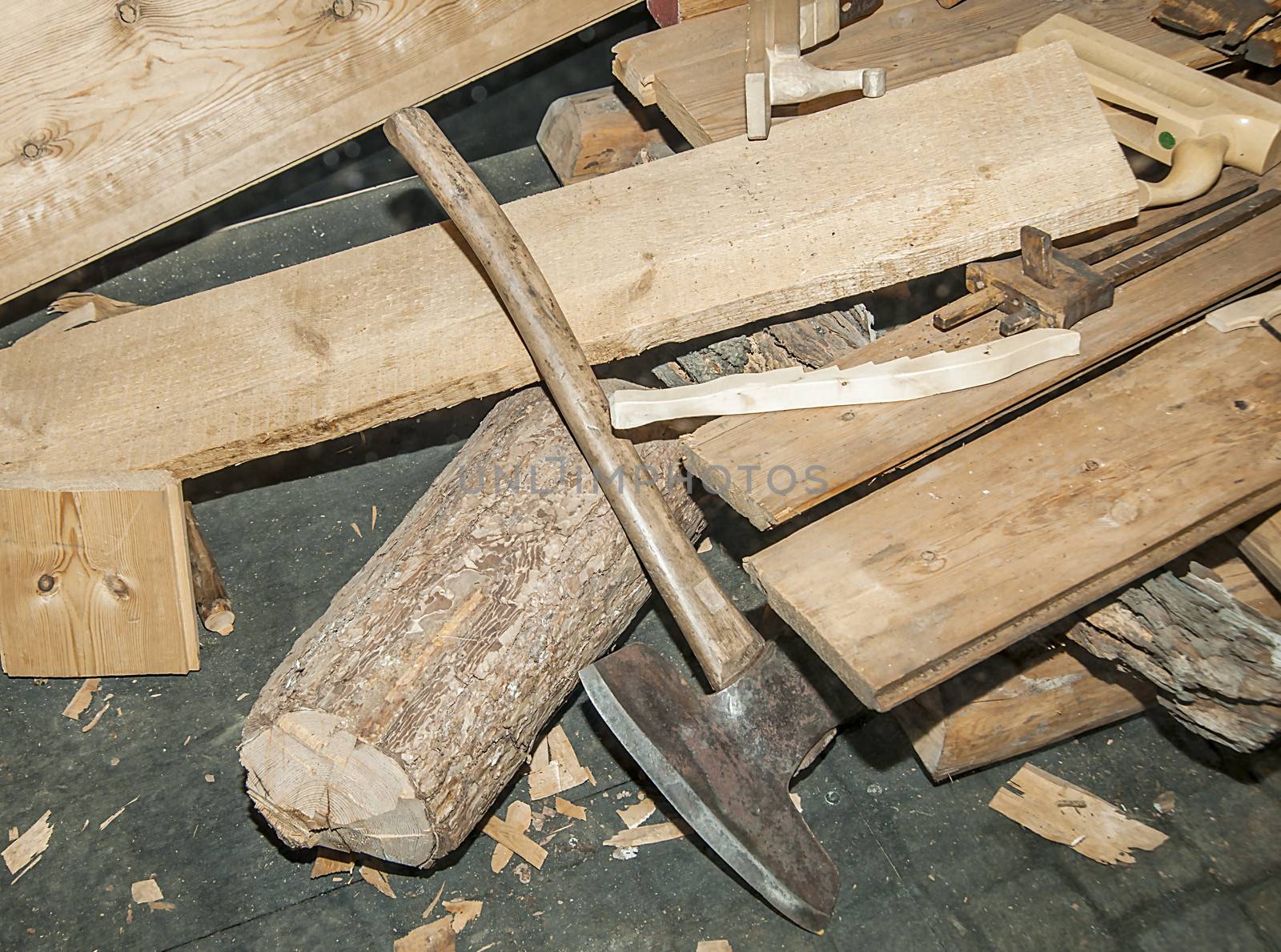 carpenter tools and wood on background