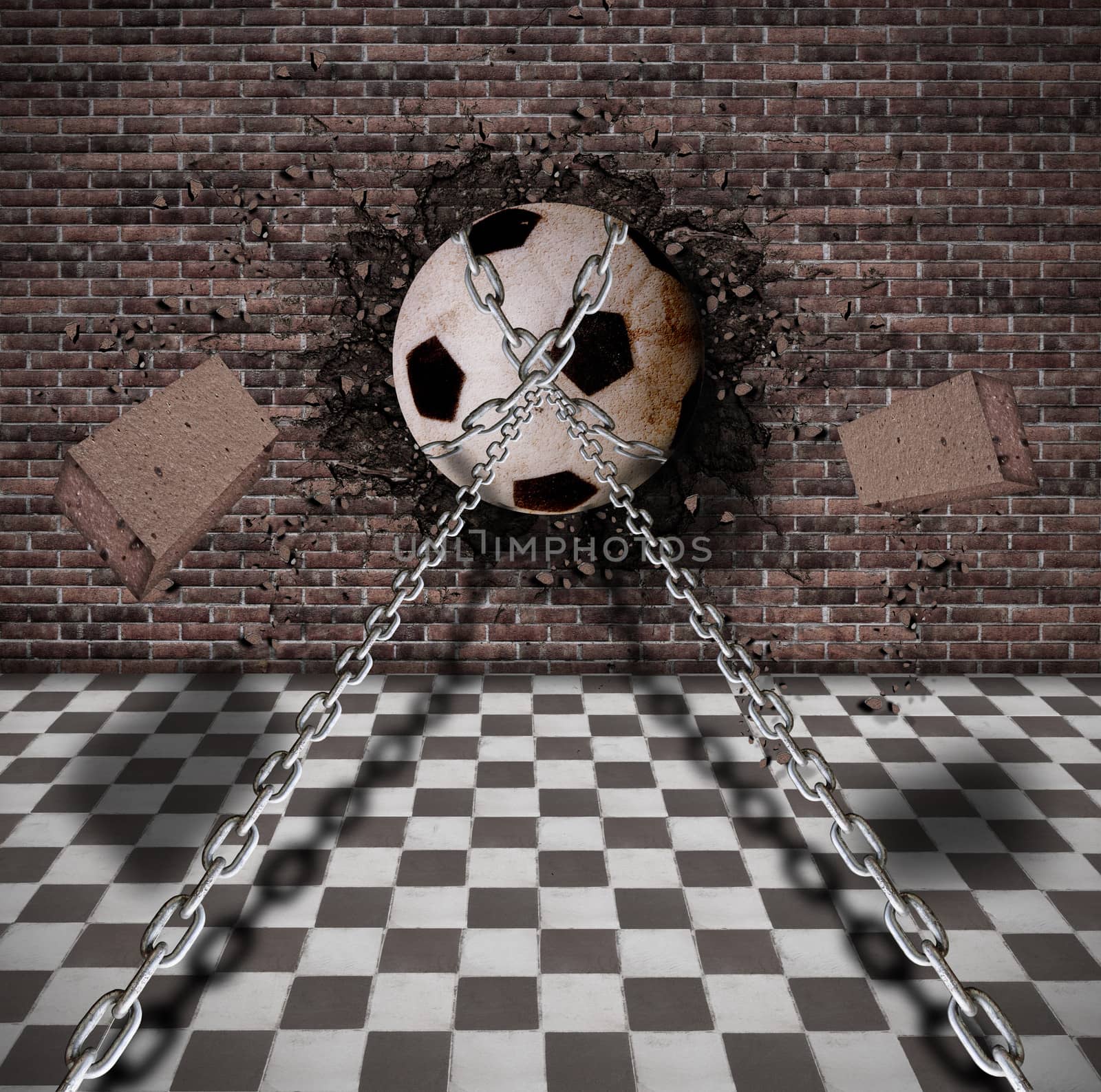a soccer ball with chains destroy a wall