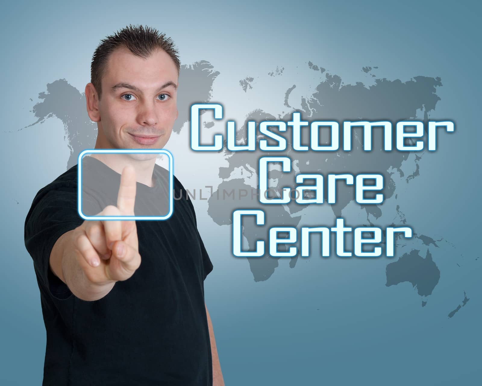 Young man press digital Customer Care Center button on interface in front of him