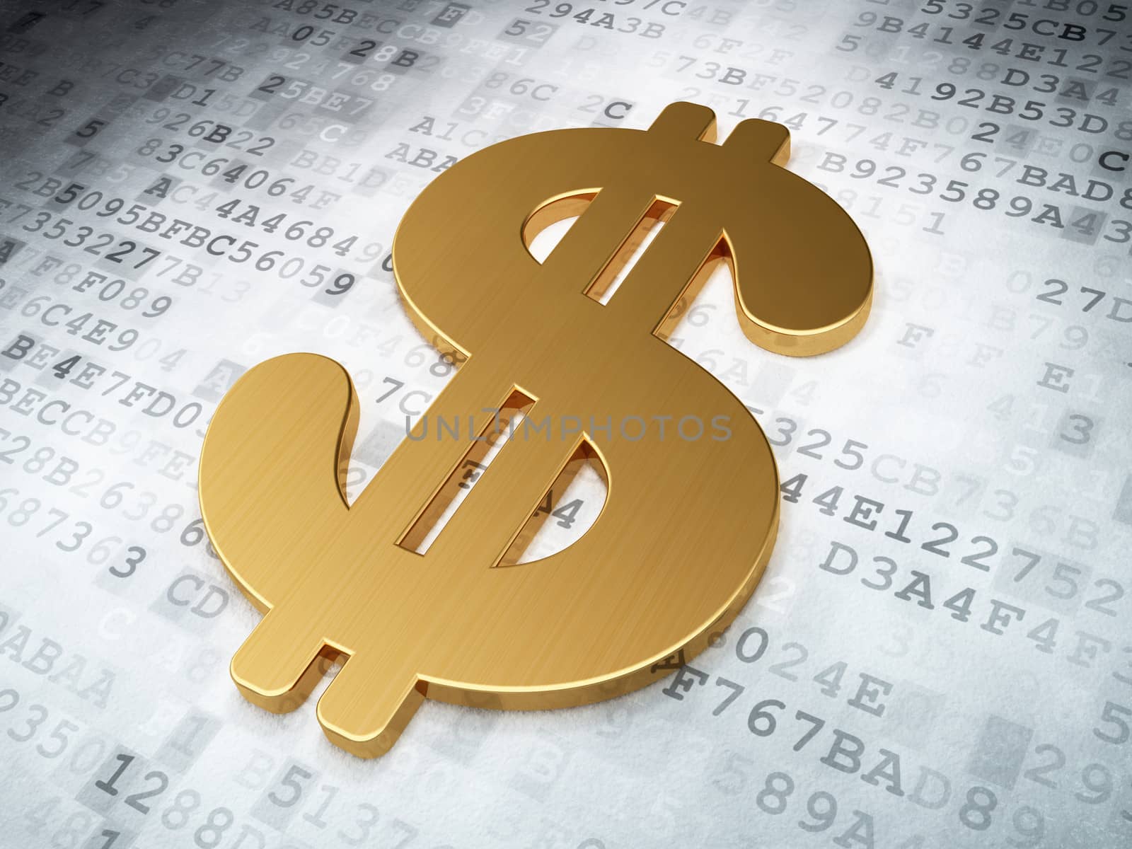 Currency concept: Golden Dollar on digital background, 3d render