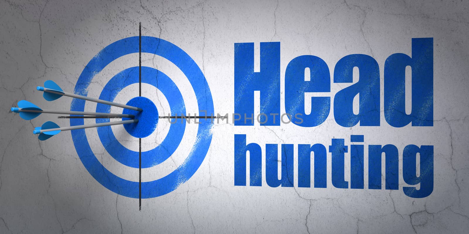 Success business concept: arrows hitting the center of target, Blue Head Hunting on wall background, 3d render