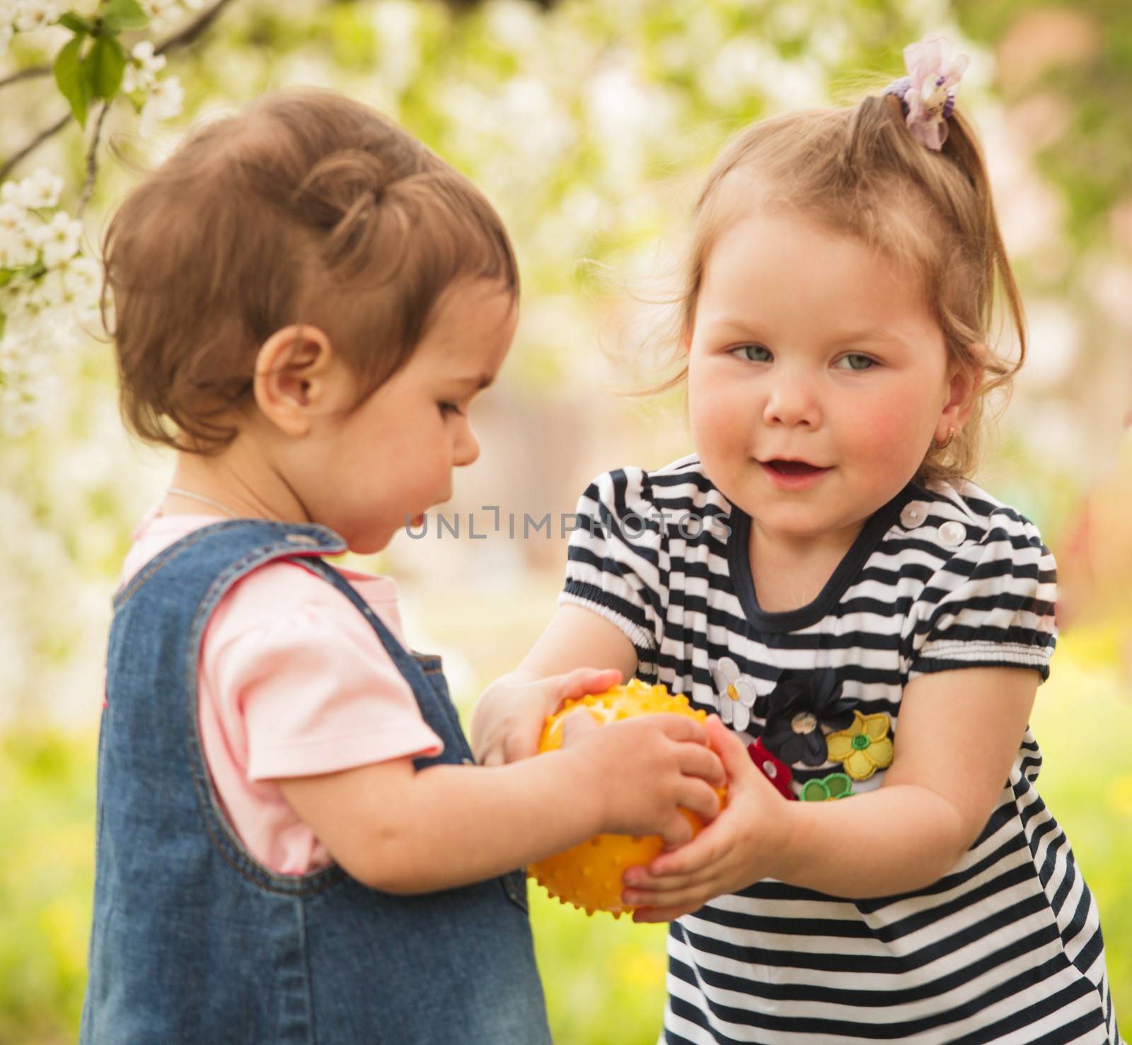 Two little girls in the park under the blossom tree, play with balls