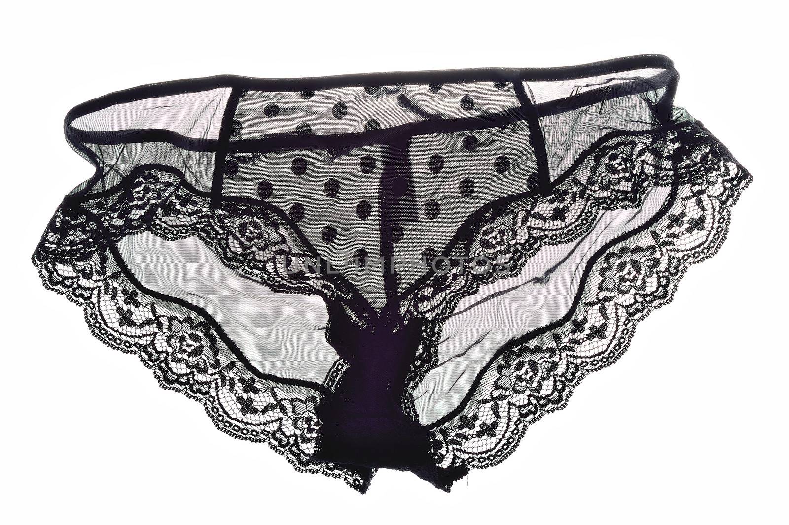 Black lace panties on white background