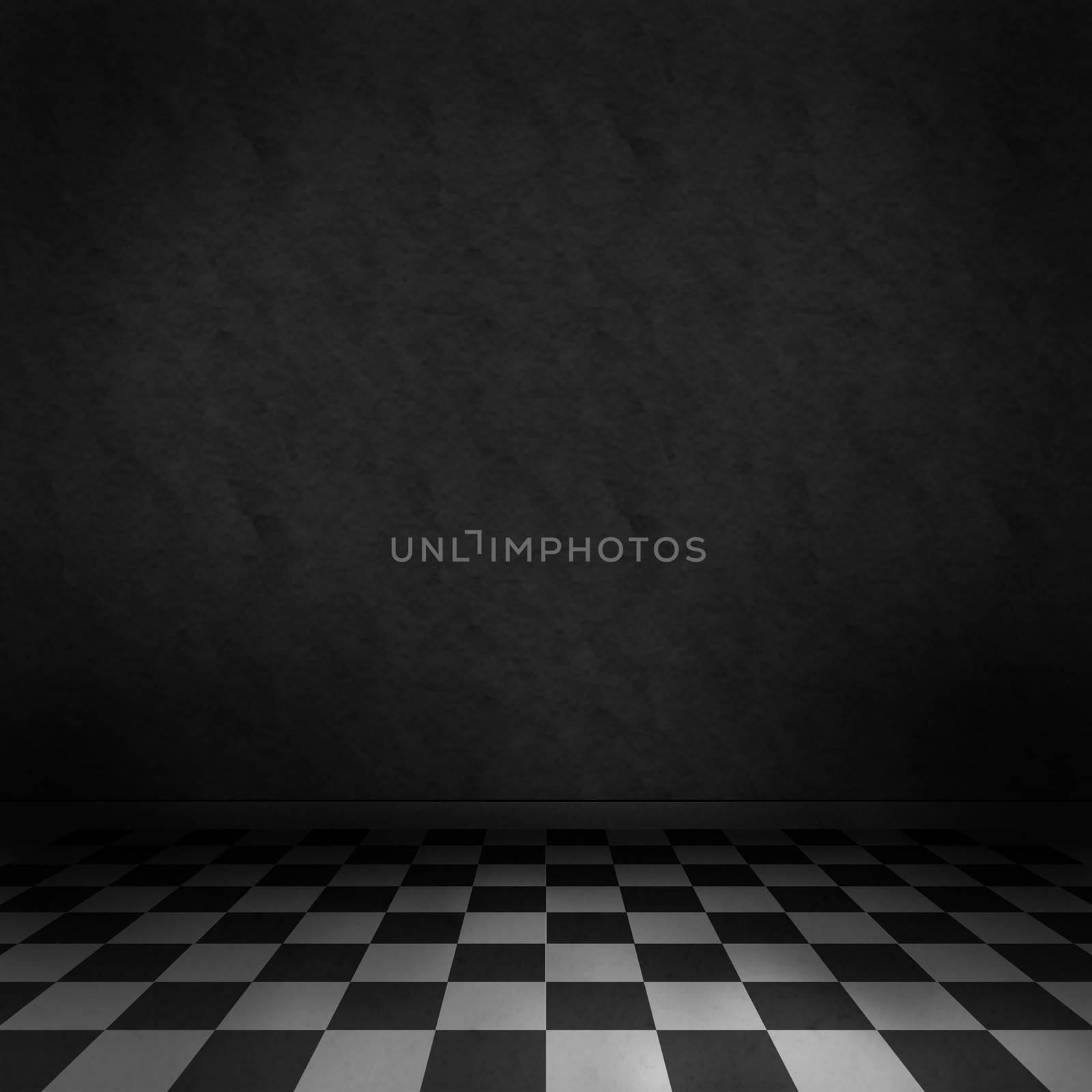 Empty, dark, psychedelic room with black and white checker on the floor and dark wall. Empty background texture for design.