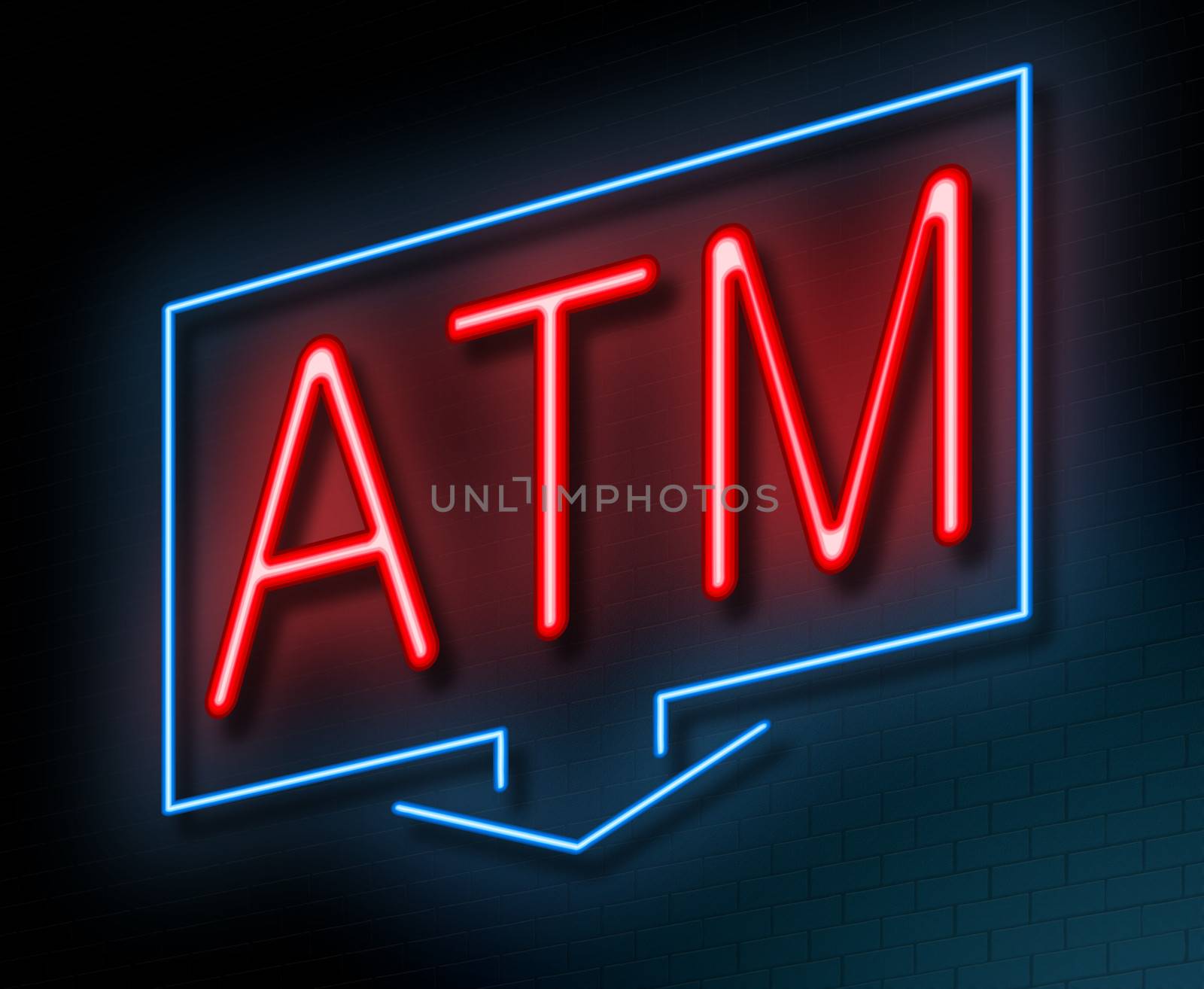 Illustration depicting an illuminated neon sign with an ATM concept.