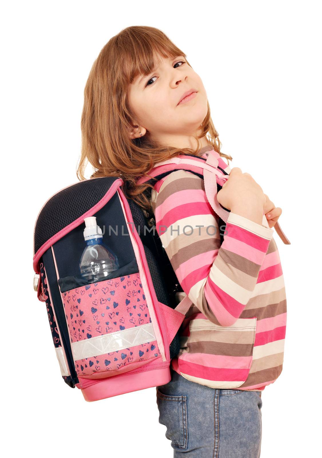 little girl carrying a heavy school bag  by goce