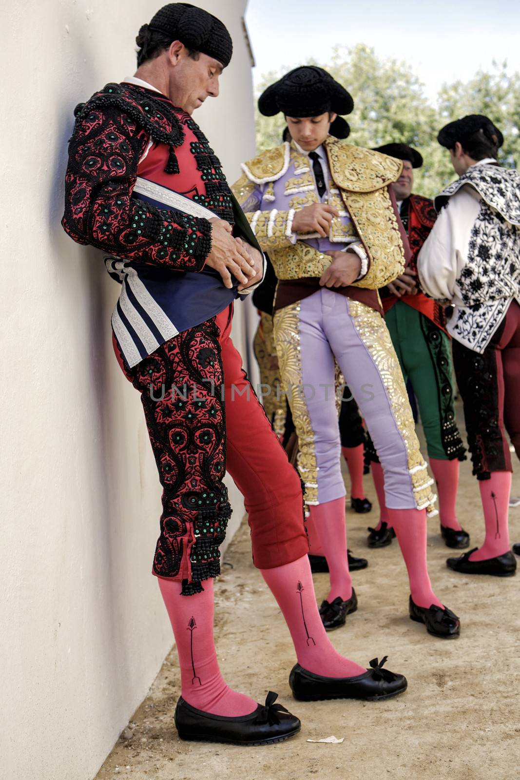 Baeza, Jaen province, SPAIN - 15 august 2009: Bullfighters at the paseillo or initial parade Bullfight at Baeza bullring, Baeza, Jaen province, Andalusia, Spain