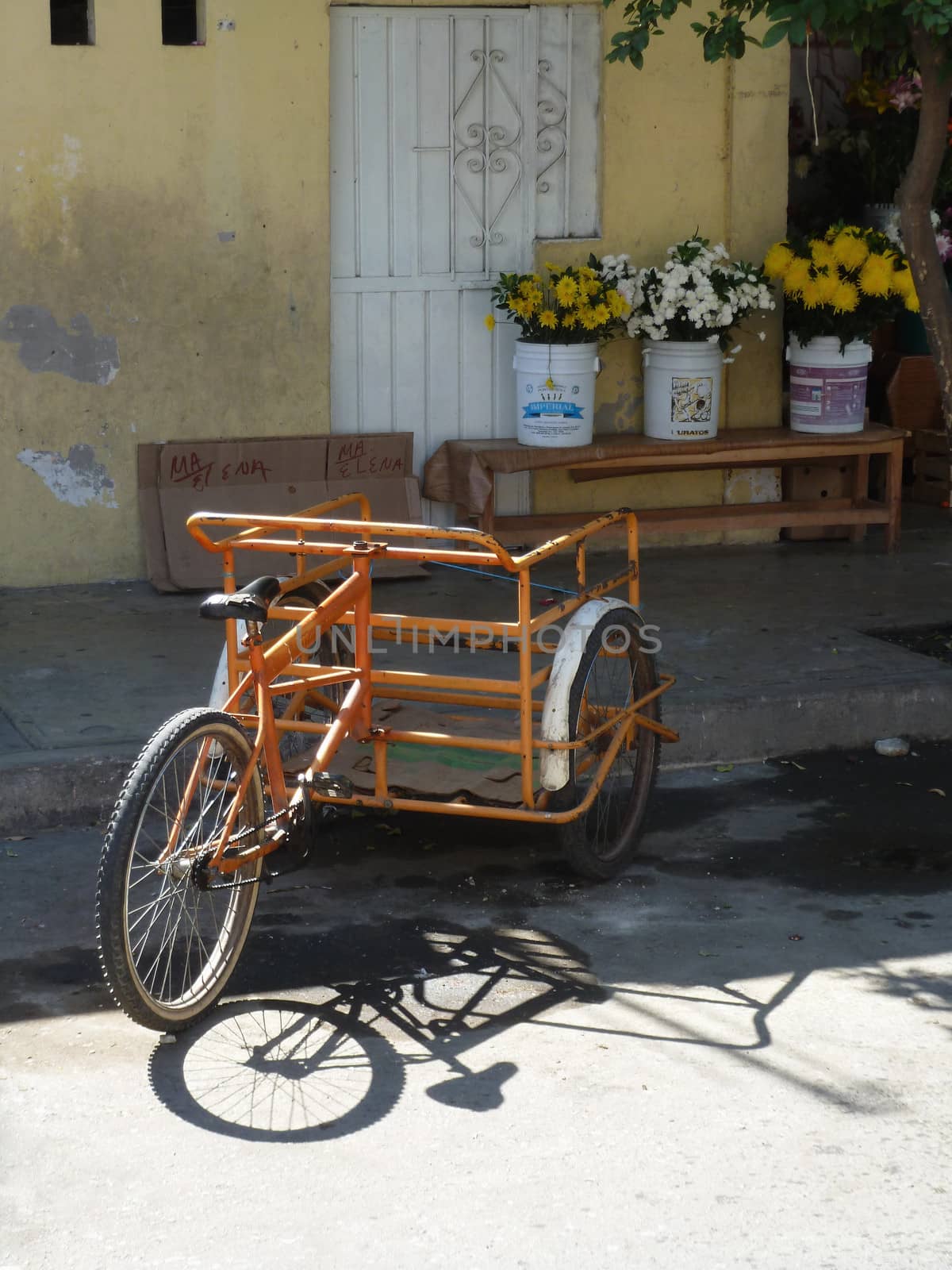 A three wheeled delivery bike outside a house in the town of Huatulco Crucecita, Mexico