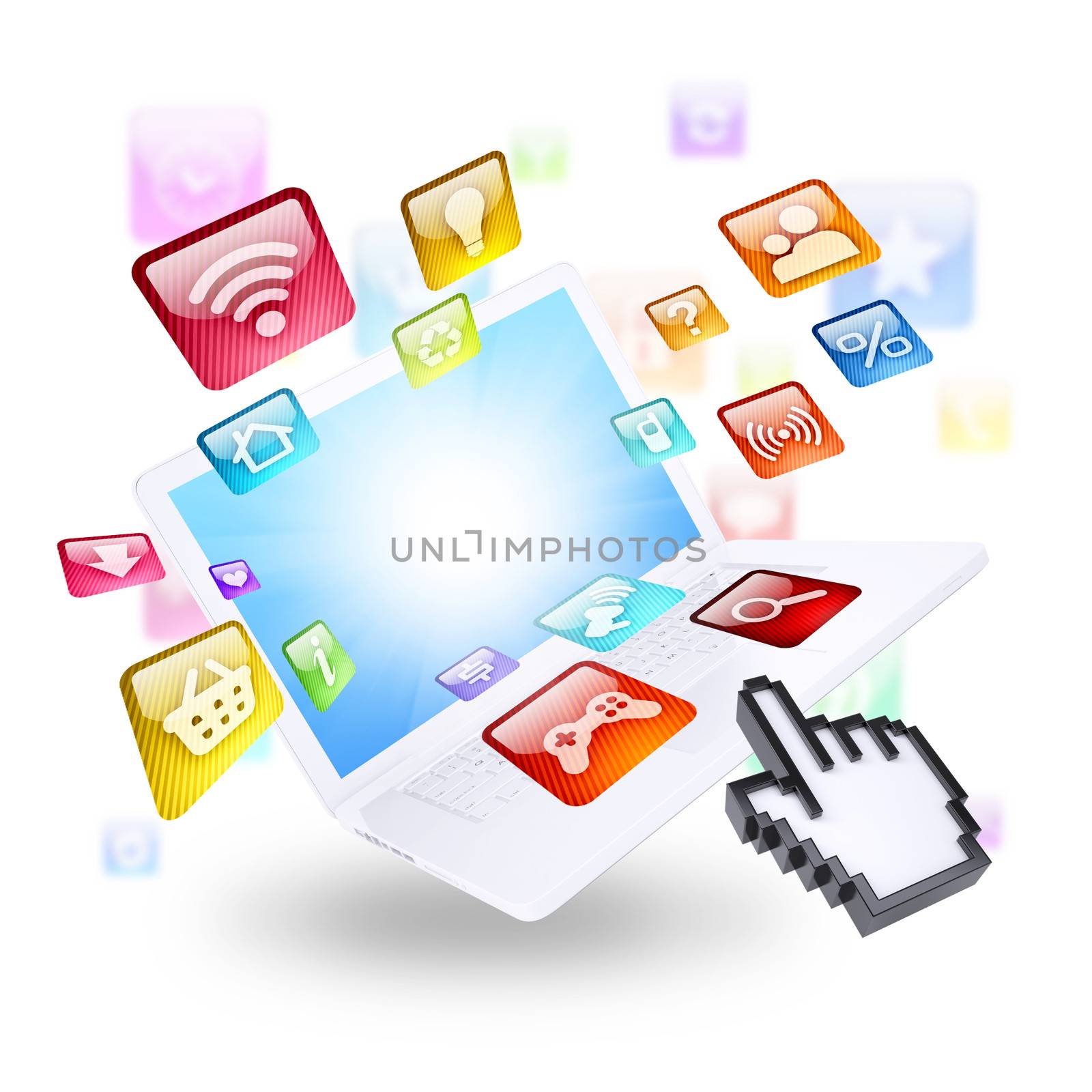 Laptop and application icons. Computer technology concept