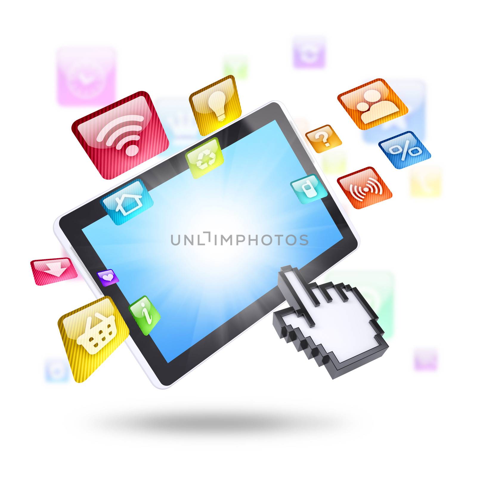 Tablet computer and application icons. Computer technology concept