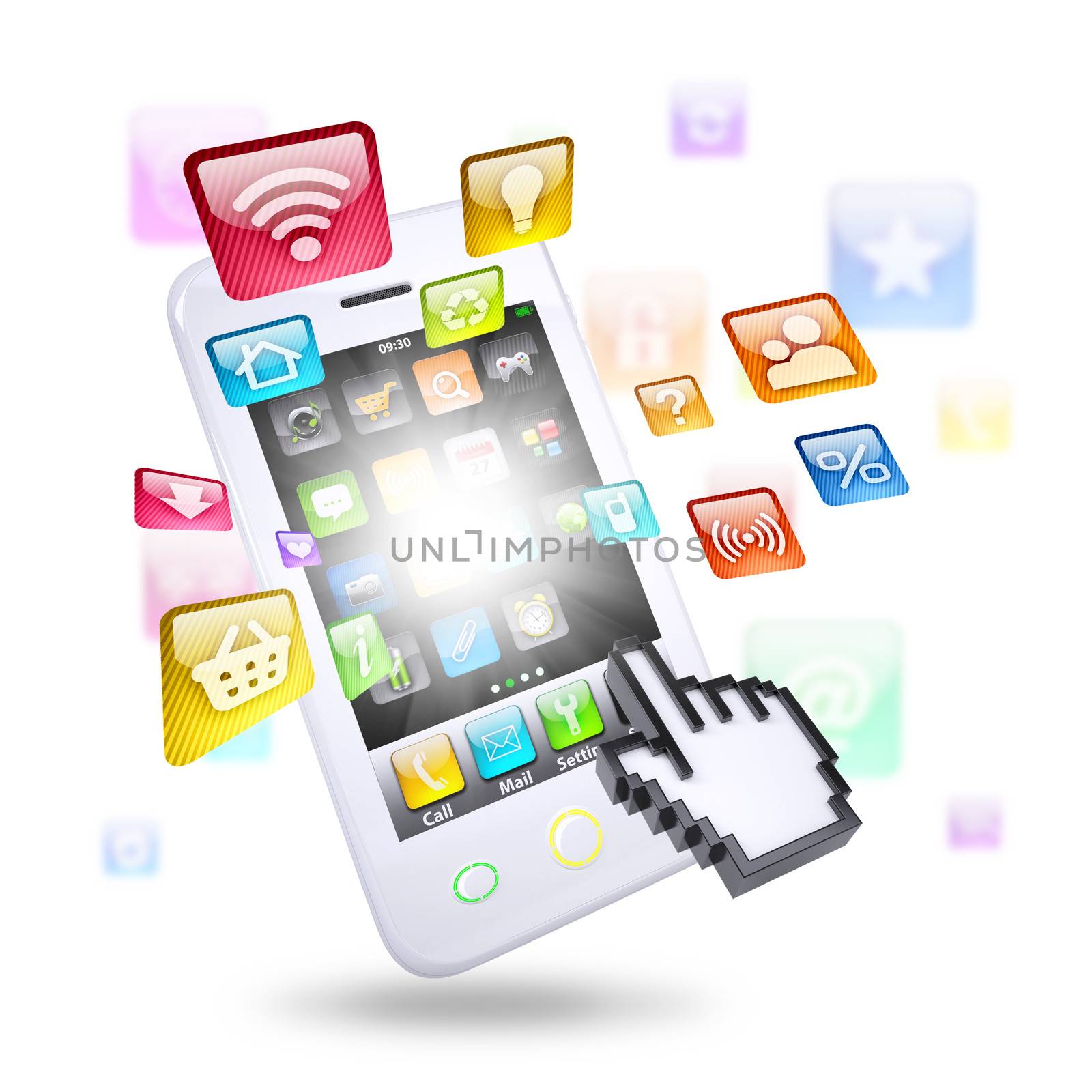 Smartphone and application icons. The concept of telecommunication technologies
