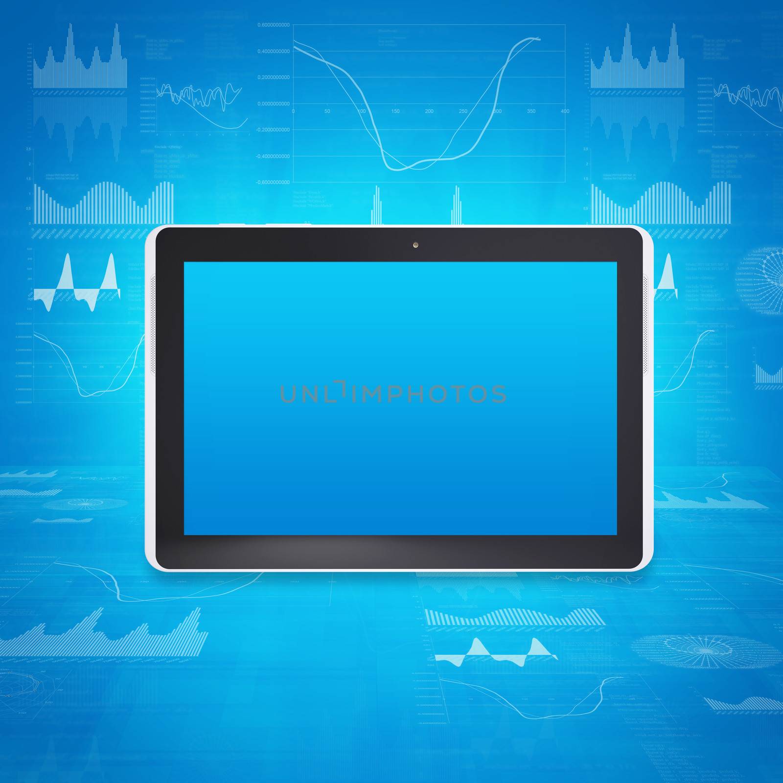 Tablet PC on the background of graphs and figures by cherezoff