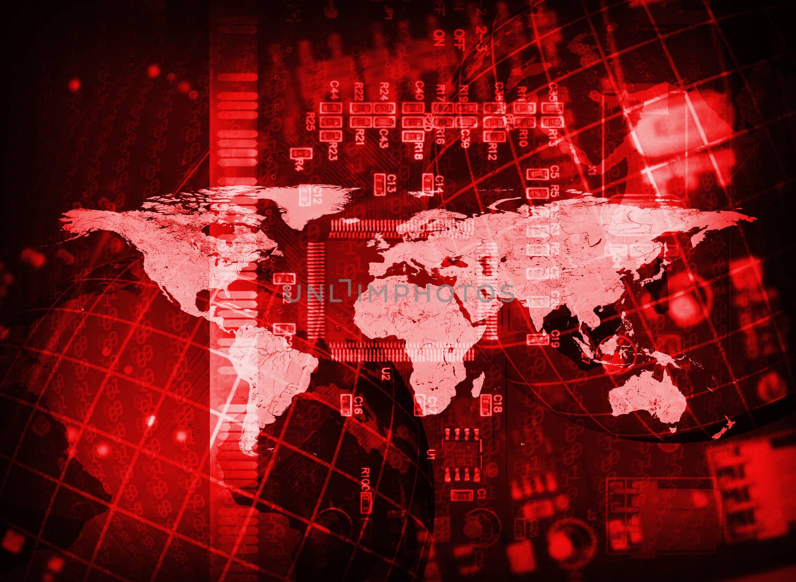 Abstract background: microcircuit and world map. Computer technology concept