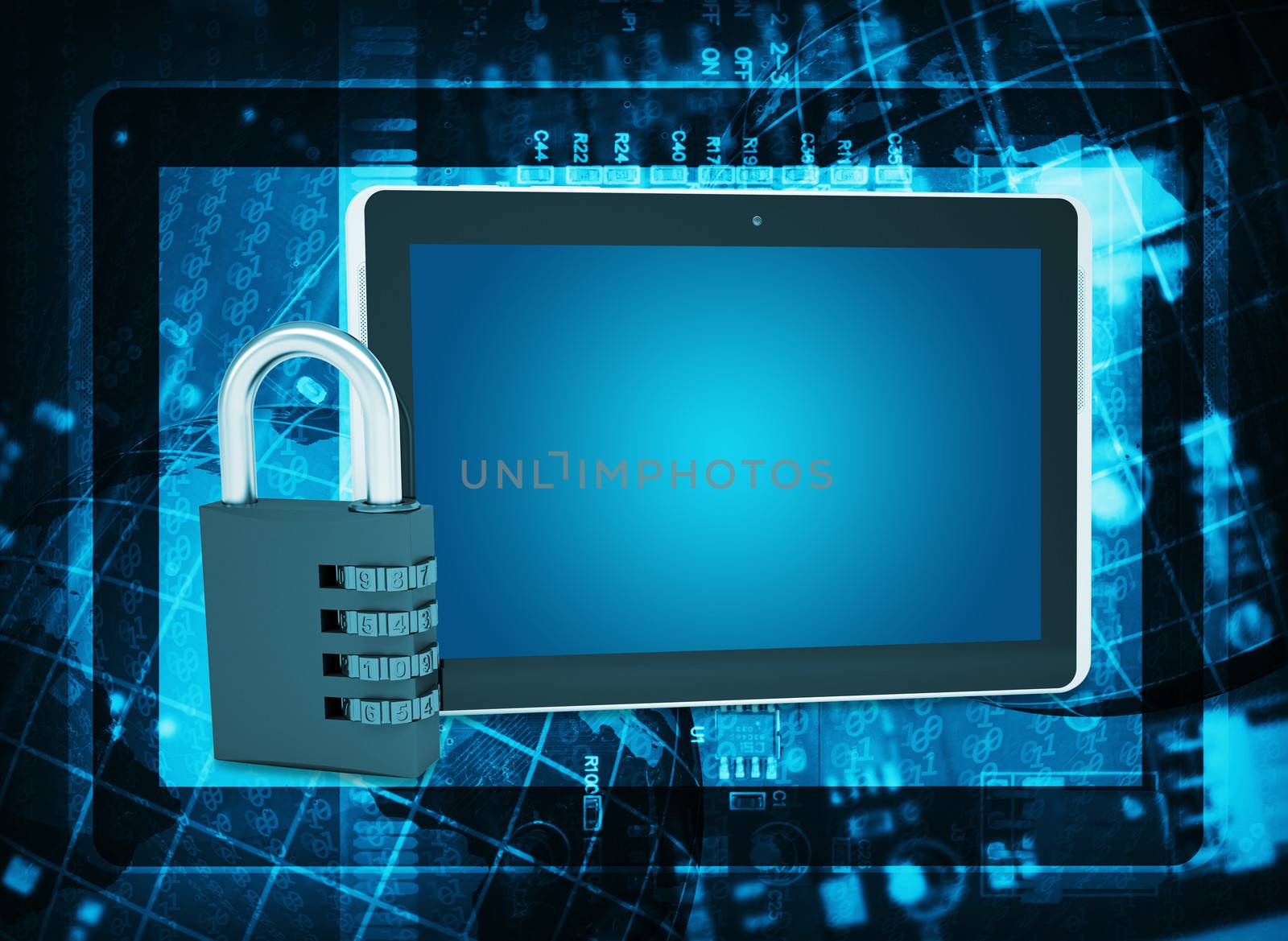 Tablet PC and code lock on abstract background. The concept of electronic security