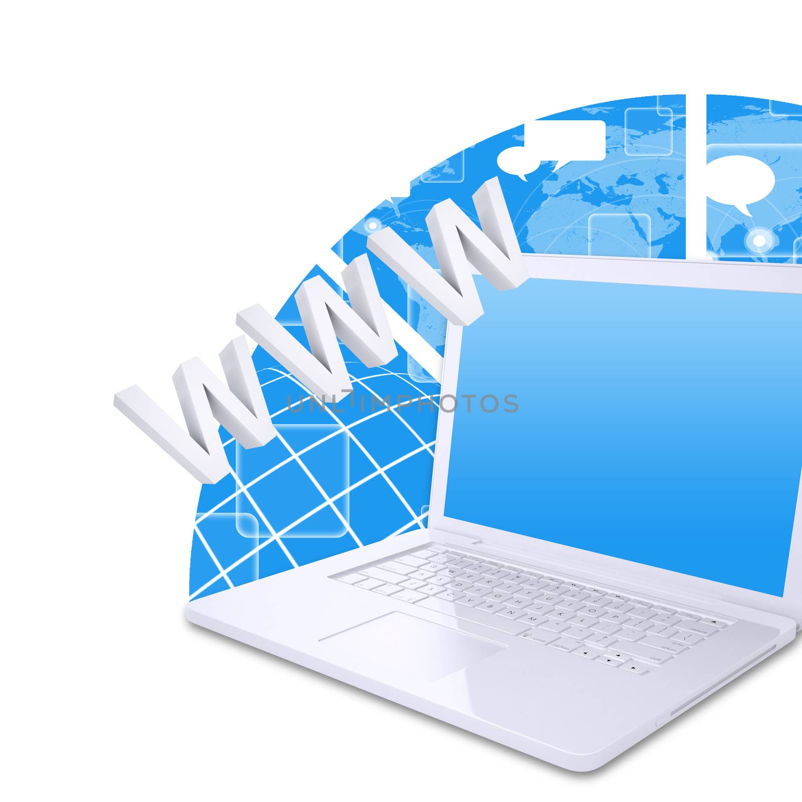 White laptop on the abstract background. Computer technology concept