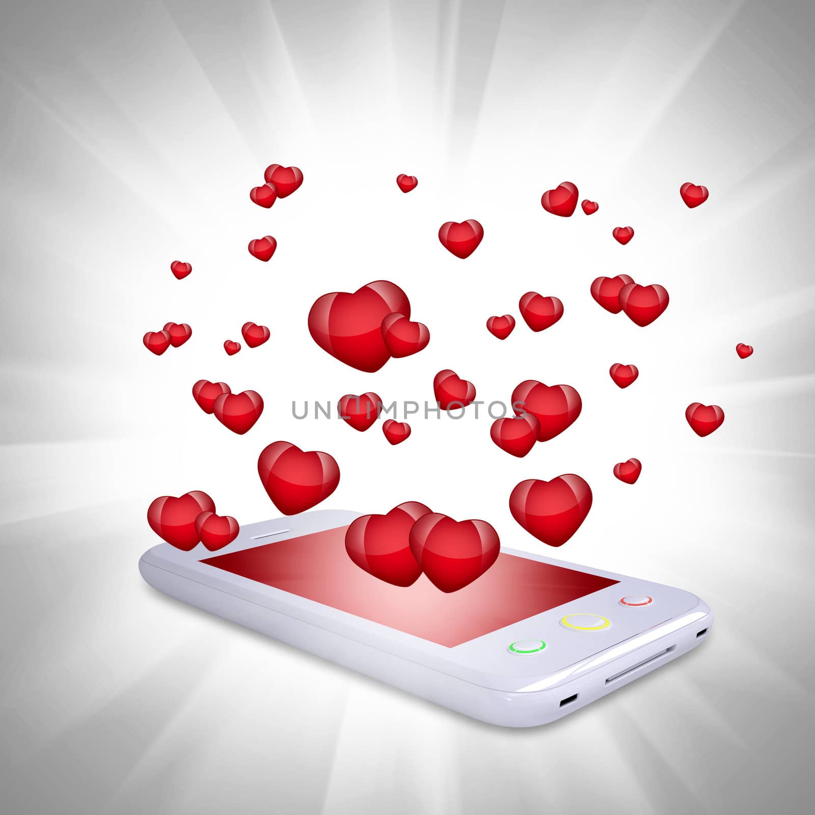 Red hearts fly out of the smartphone. Computer technology concept on Valentine's Day