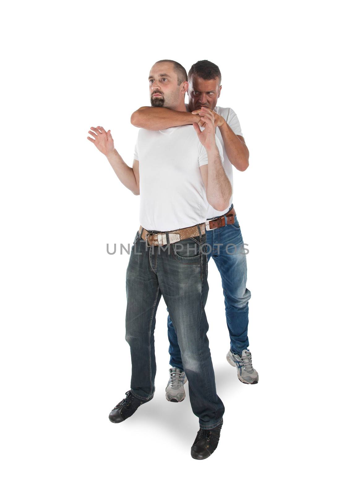 Man choking other man, isolated on white