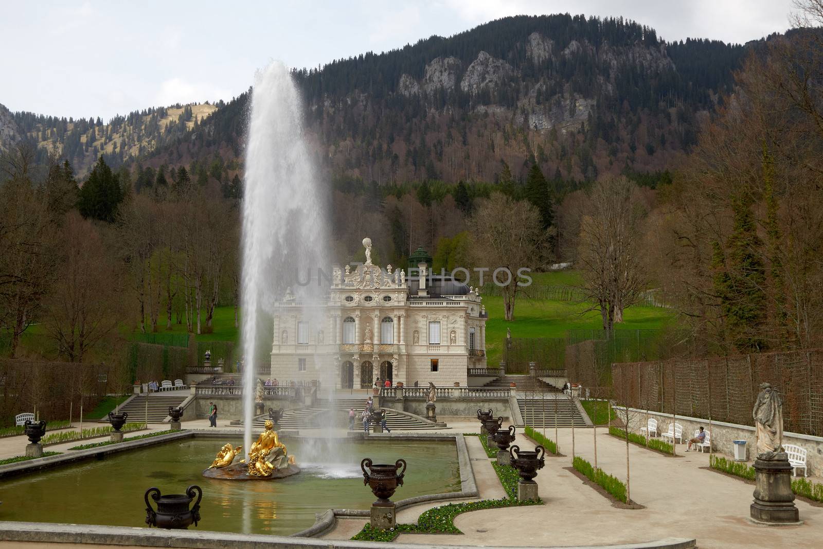 Linderhof Palace is in Germany, near Oberammergau in southwest Bavaria near Ettal Abbey. It is the smallest of the three palaces built by King Ludwig II of Bavaria and the only one which he lived to see completed.