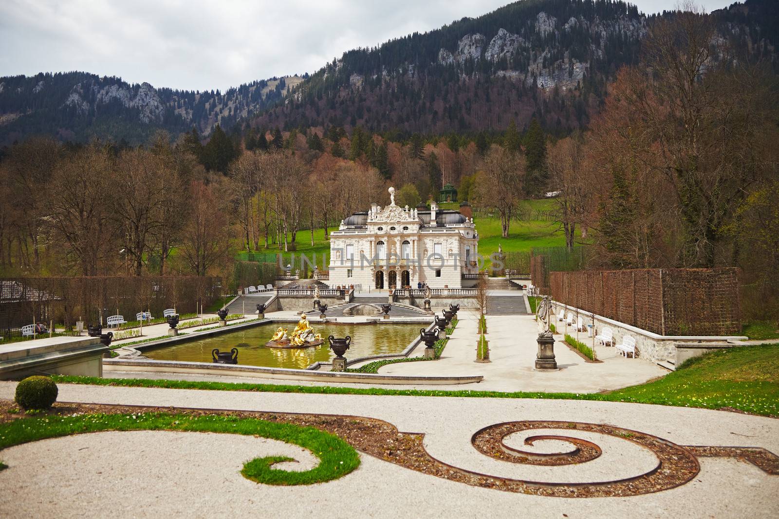 Linderhof Palace is in Germany, near Oberammergau in southwest Bavaria near Ettal Abbey. It is the smallest of the three palaces built by King Ludwig II of Bavaria and the only one which he lived to see completed.