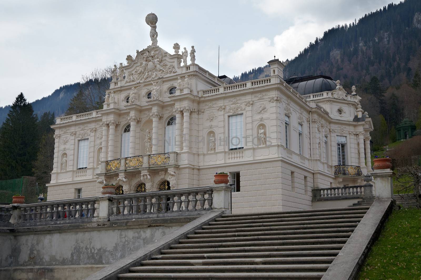 Linderhof Palace is in Germany, near Oberammergau in southwest Bavaria near Ettal Abbey. It is the smallest of the three palaces built by King Ludwig II of Bavaria and the only one which he lived to see completed.