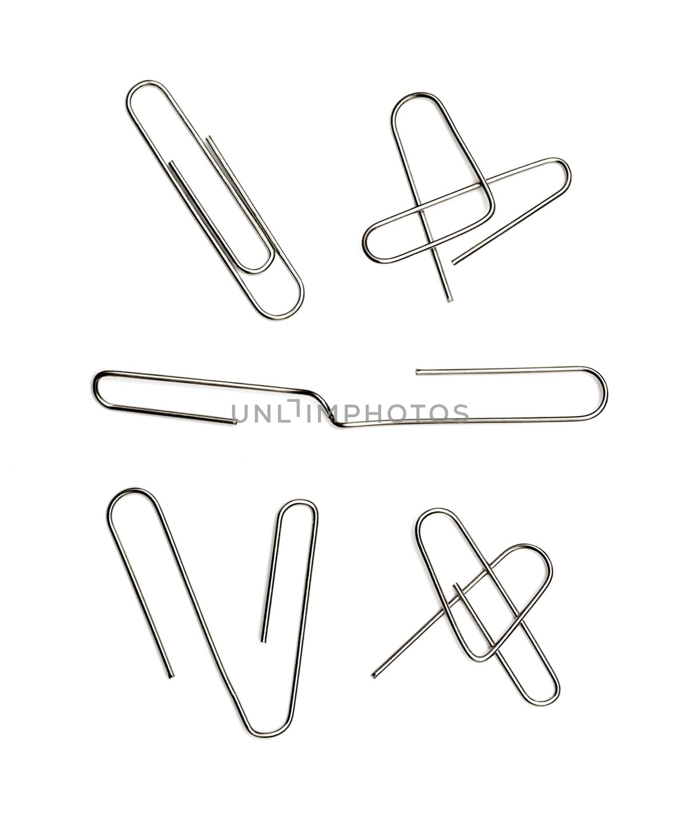 Set of paper clips in different angles, isolated on white background