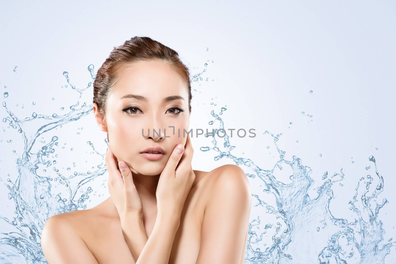 Asian beauty face with water, closeup portrait with clean and fresh elegant lady.