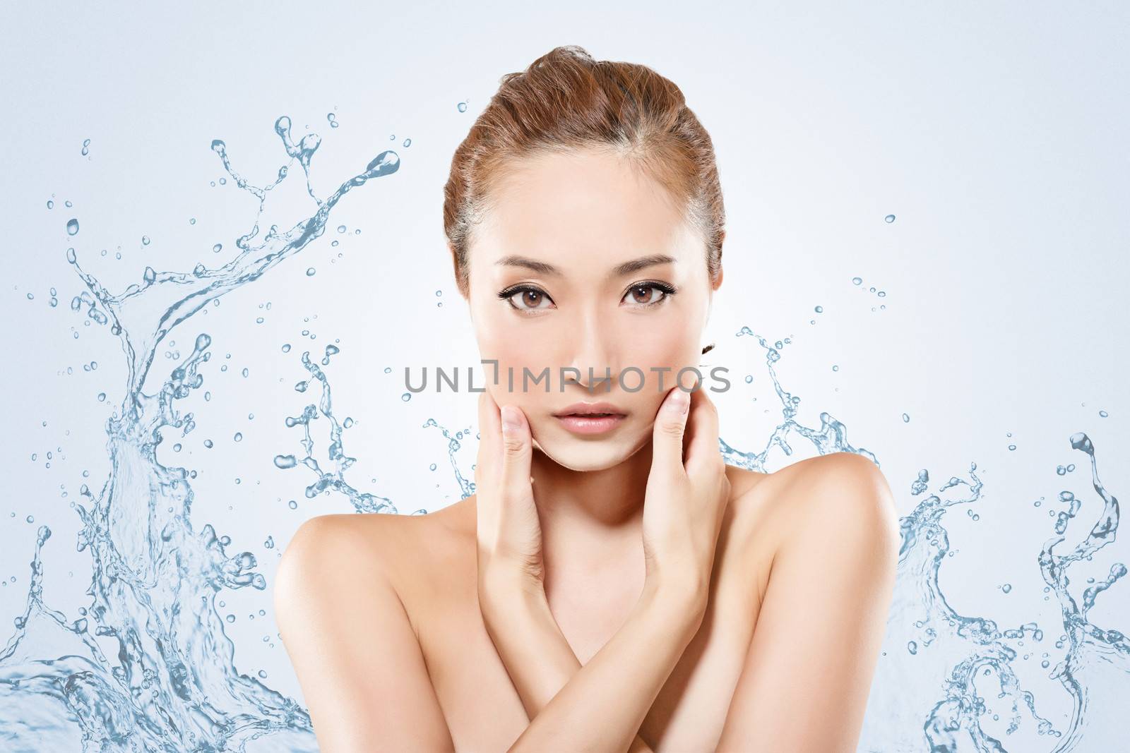 Asian beauty face with water, closeup portrait with clean and fresh elegant lady.