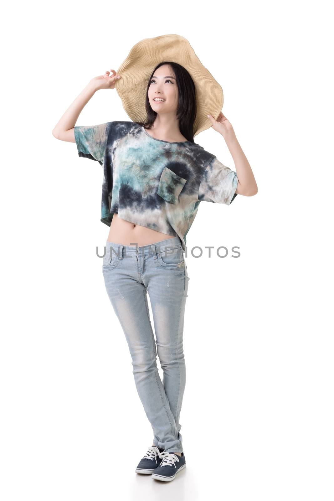 Asian beauty with hat, full length portrait isolated on white.