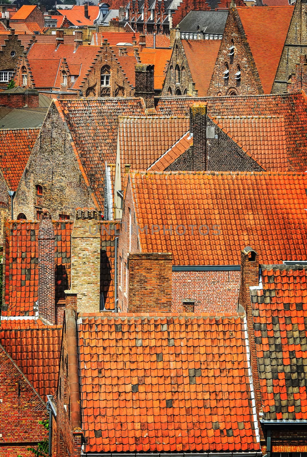 Detail of old orange rooftops in historical town, Bruges, Belgium
