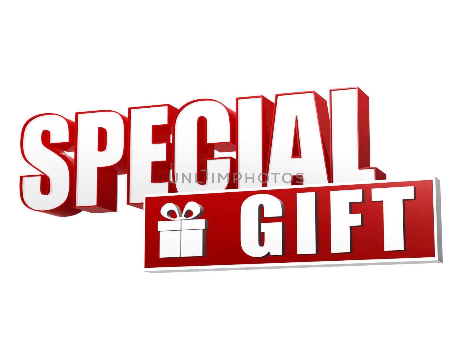 special gift and present box symbol - text in 3d red and white letters and block, business holiday concept