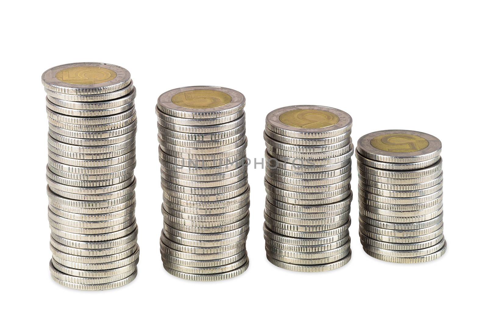 Stacks of five zlotych coins isolated on white background with clipping path