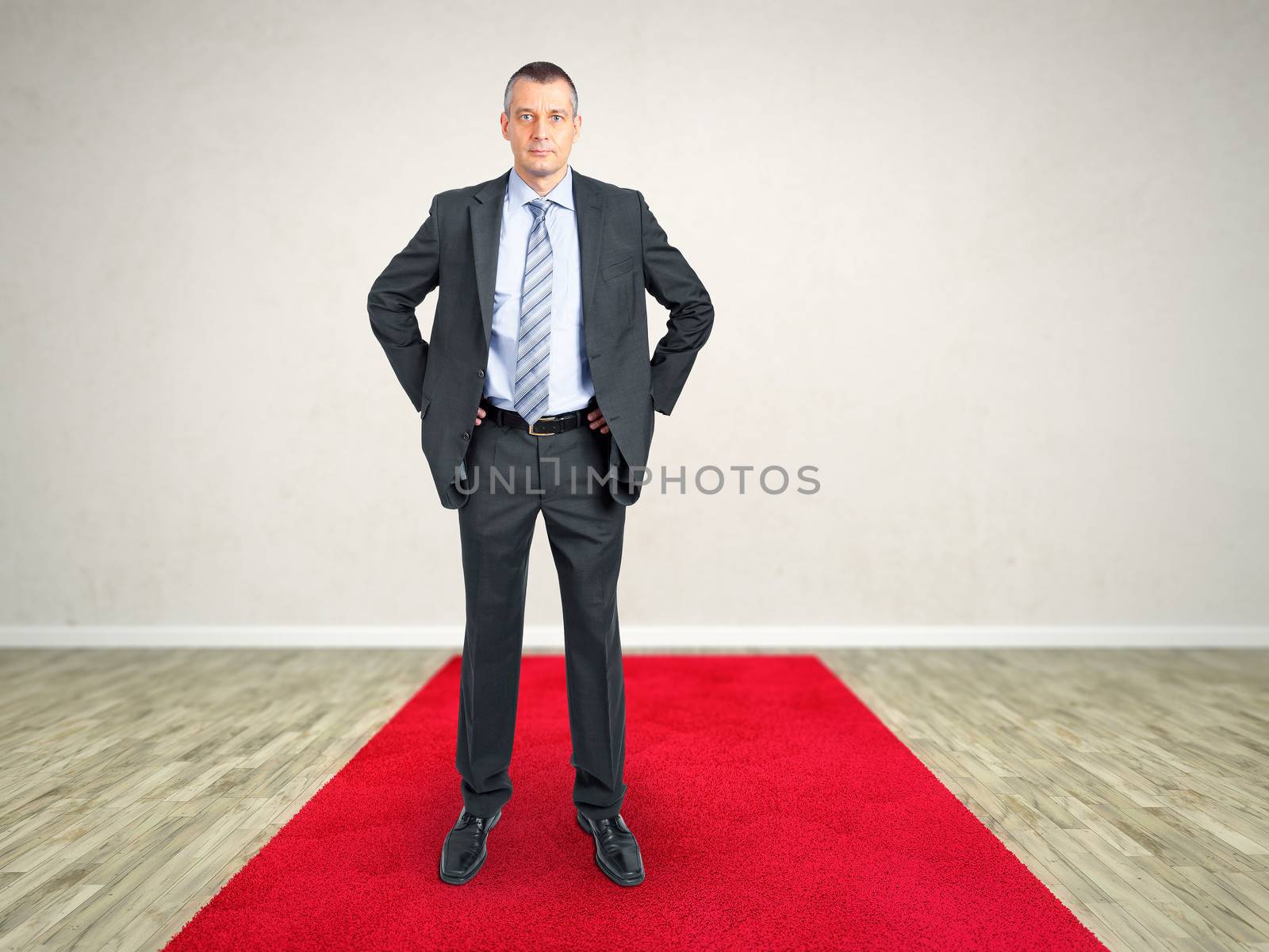 A room with a red carpet and a business man