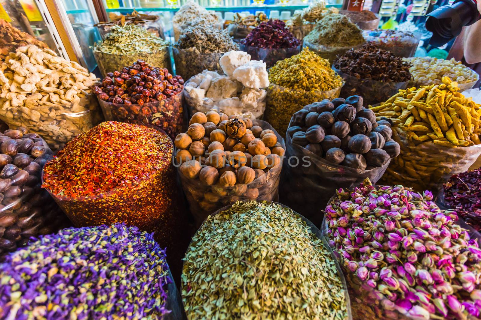 dried herbs flowers spices in the spice souq at Deira by oleg_zhukov