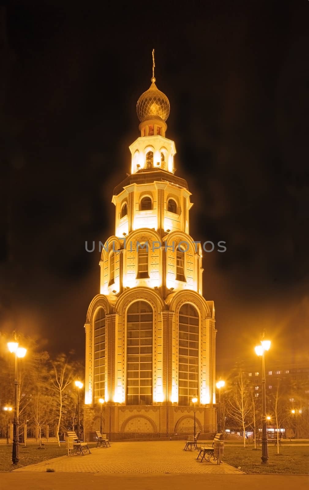 Night view of the bell tower building in Krivoy Rog in Ukraine in Europe