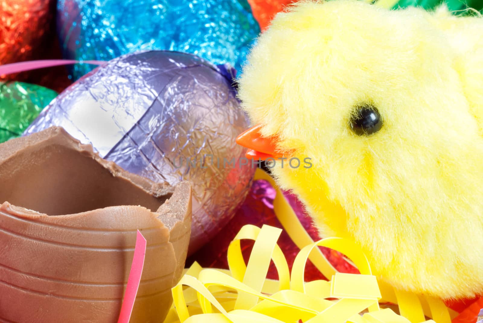 Close-up of a yellow fluffy chick toy beside a chocolate egg with a pile of colorful eggs and grasses in the background.
