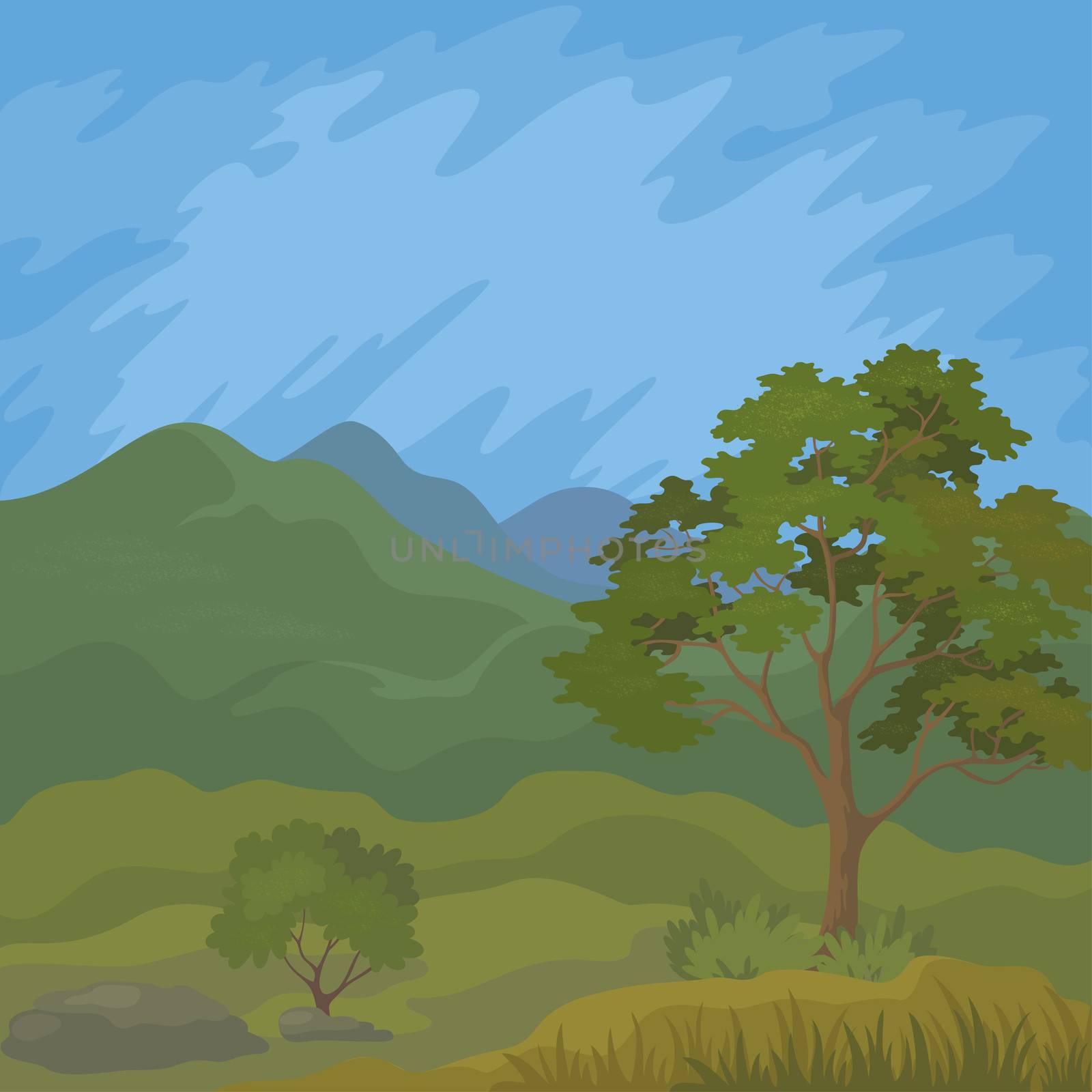 Mountain landscape with pine tree and blue sky.