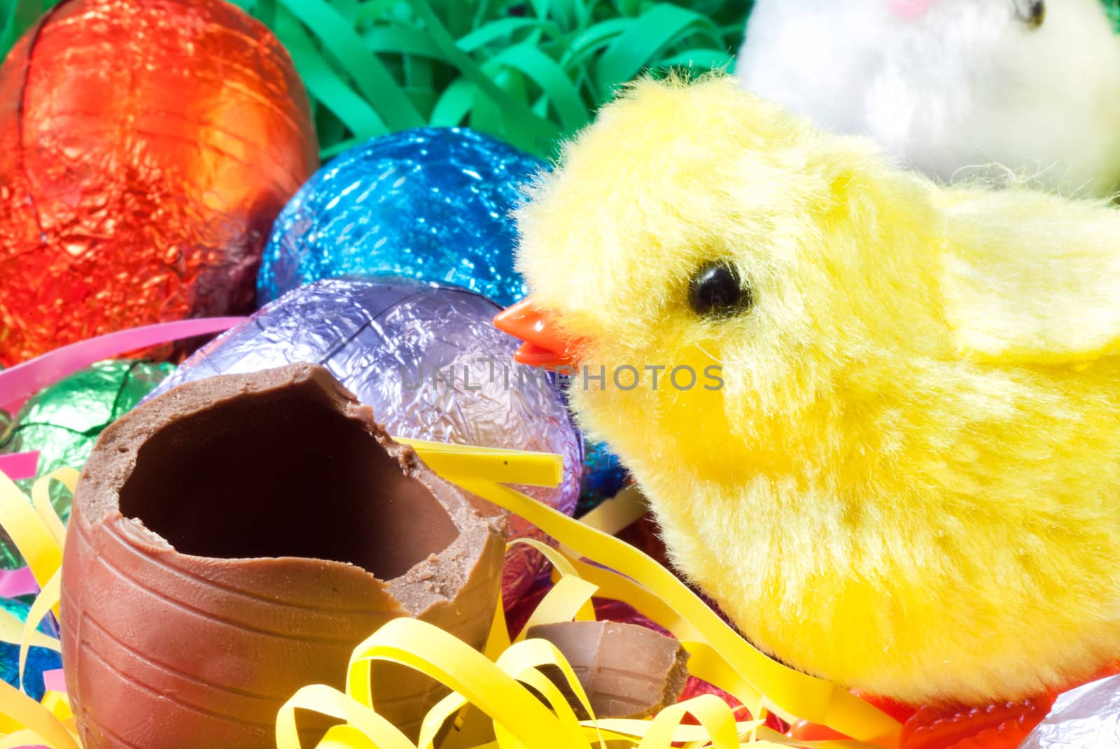 Close-up of a chick toy eating a chocolate egg on an easter nest.